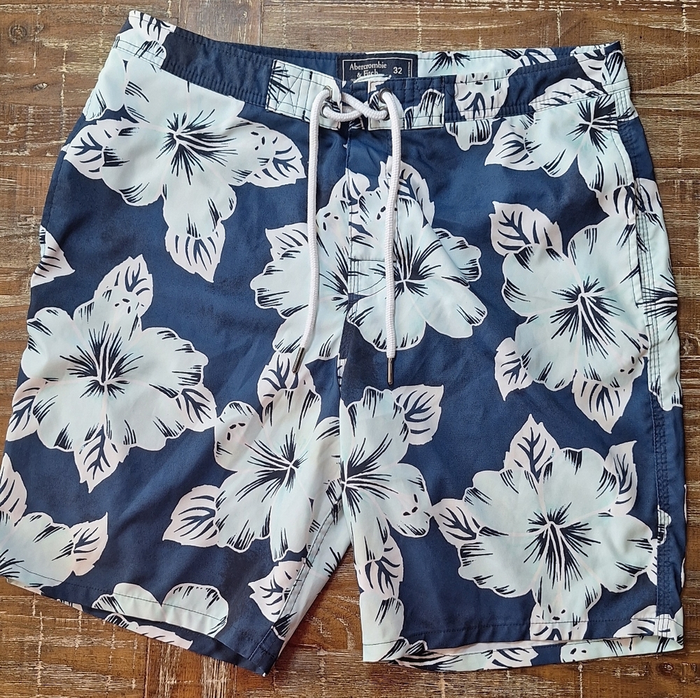 Abercrombie & Fitch Men's Swim Trunks Size 32 Hawaiian Tropical Print Blue/White